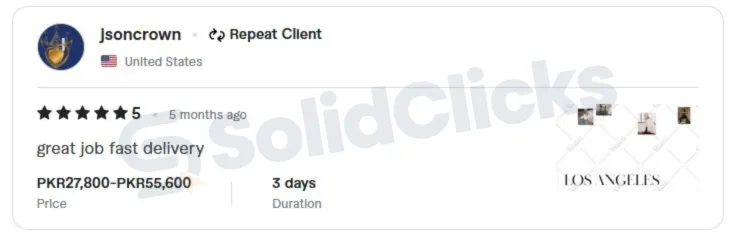 Fiverr client review noting great job with fast delivery