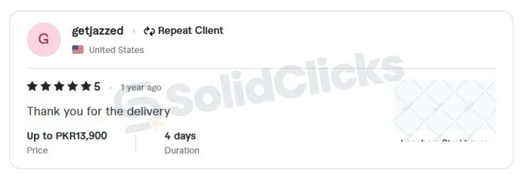 Fiverr client review thanking Solid Clicks for the delivery