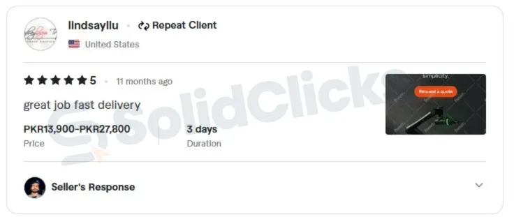 Fiverr client review praising great job and fast delivery
