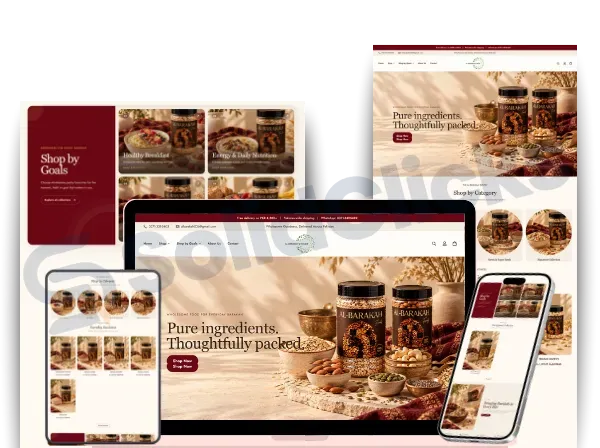 Websites That Look Sharp, Load Fast & Actually Rank. 2 Responsive website design mockup for Al-Barakah showing desktop, laptop, tablet, and mobile views.
