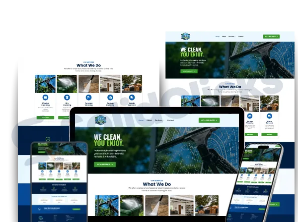 Websites That Look Sharp, Load Fast & Actually Rank. 5 Responsive website design mockup for Victor Cleans cleaning services showing desktop, laptop, tablet, and mobile layouts.