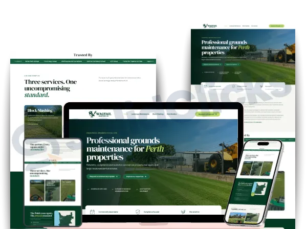 Websites That Look Sharp, Load Fast & Actually Rank. 6 Responsive website design mockup for Wagtail Grounds showing grounds maintenance services across desktop, laptop, tablet, and mobile screens.